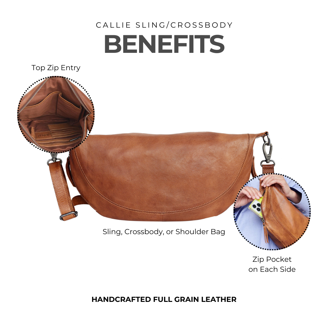 Benefits of full-grain leather Callie sling crossbody bag by Latico Leathers